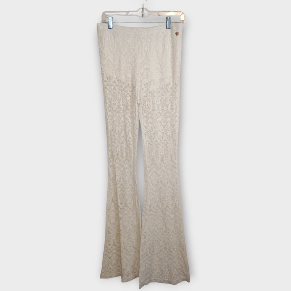 Kendall & Kylie Pants Women Medium White Lace Crochet Bellbottom Retro Coquette